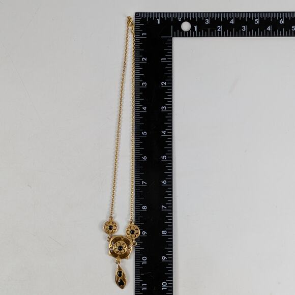 Vintage Gold Tone Drop Pendant Necklace Black Glass Inlay Art Deco Revival 11" - Picture 5 of 8